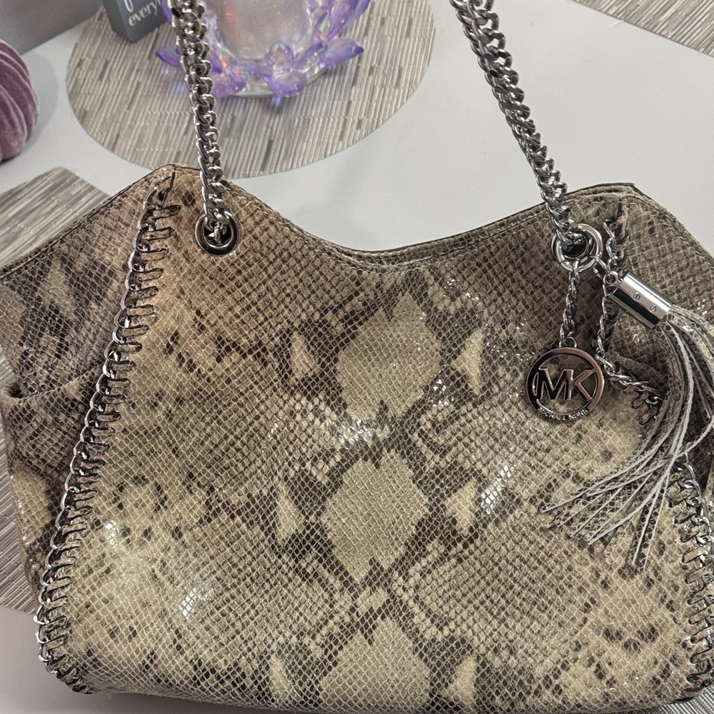 Michael Kors Chelsea Tan Cream Snake Print Python Shoulder Bag